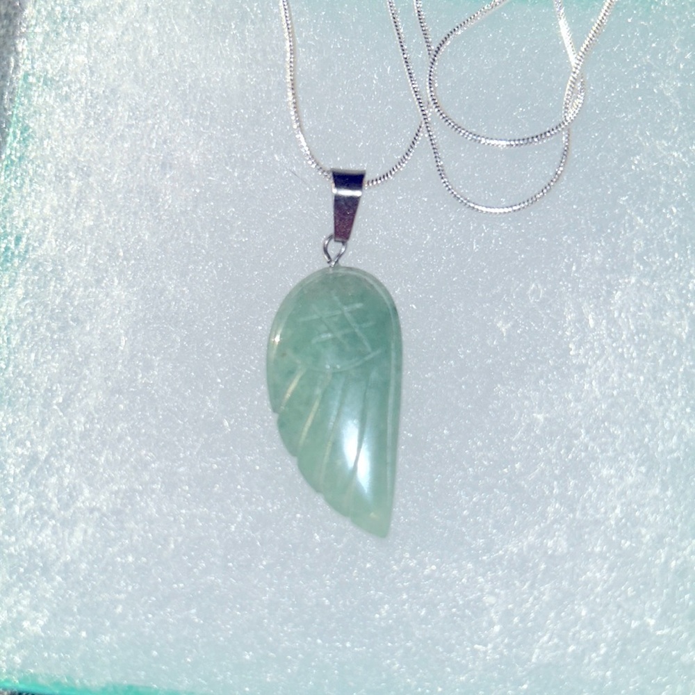 Boho hippie Jade Angel Wing Sterling Silver Necklace 24”